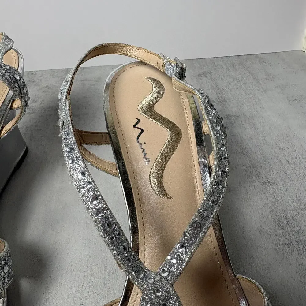Nina Vanida Wedge Strappy Silver Glitter Rhinestone Dress Sandal Women's 9.5 - Picture 7 of 12